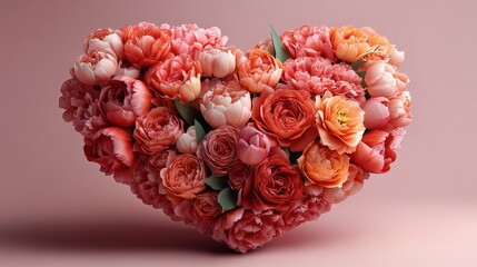 Wall Mural - Heart-shaped arrangement of vibrant flowers in soft pink background, symbolizing love and beauty