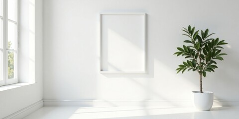 Poster - Bright Sunlight Illuminates a Minimalist Room Featuring a Blank Frame and a Lush Potted Plant