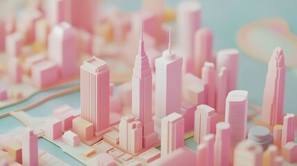 Poster - A vibrant pastel hued futuristic cityscape with a visually striking arrangement of geometric high rise buildings and skyscrapers showcasing a modern innovative metropolitan landscape