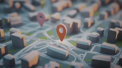 Aufkleber - Abstract 3D city map with navigation pins and route lines representing urban infrastructure transportation network and location based data visualization