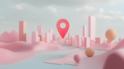 Poster - Abstract digital 3D rendering of a minimalist and futuristic city skyline in pink and pastel colors featuring geometric shapes like cubes spheres and architectural skyscrapers