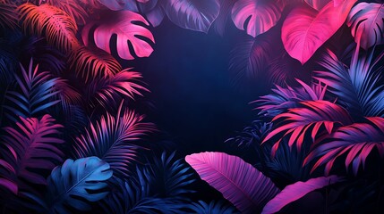 Poster - Vibrant Tropical Foliage Background, A dark moody background featuring an array of neon leaf