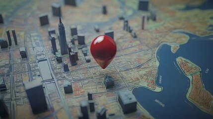 Poster - Aerial cityscape view of a modern urban metropolis with a red navigation pin marking a specific destination or location on the detailed geographical map below