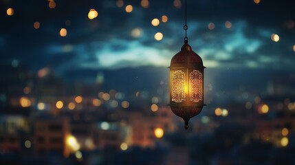 Wall Mural - Glowing hanging lantern with night sky and soft city bokeh lights in the background, symbolizing the spiritual ambiance of ramadan kareem and the warmth of islamic festivities during the holy month


