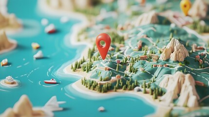 Leinwandbilder - Aerial overhead view of a detailed topographical map showcasing a mountainous landscape with winding rivers lush forests rocky cliffs and various scenic landmarks  Useful for travel planning