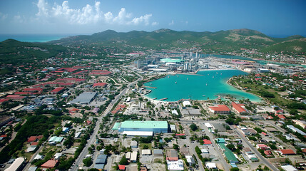 Poster - Caribbean island aerial view harbor, city, hills