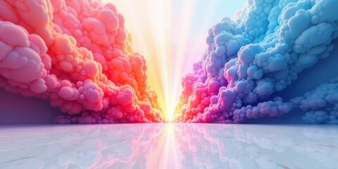 Fototapete - A Dreamlike Path Through Pastel Cloudscapes, Illuminated by a Radiant Sunrise, Reflecting on a Smooth Surface