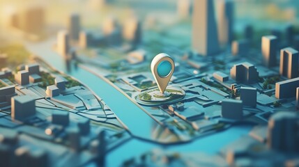 Poster - Aerial overhead view of a modern city skyline and urban landscape with a GPS location marker pinpointing a specific destination on a digital cartography display
