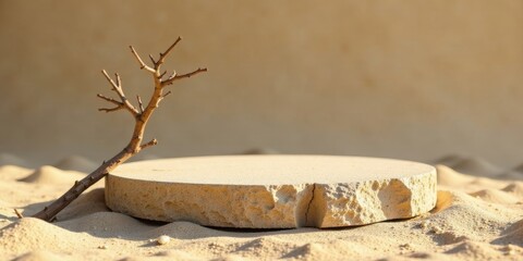 Fototapete - A sunlit sandy scene featuring a rough-hewn stone platform and a weathered branch