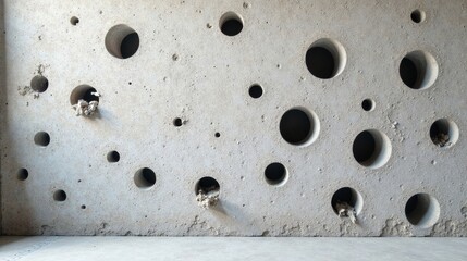 Leinwandbilder - A Textured Concrete Wall with Irregularly Placed Circular Cutouts and Small Debris Accumulations