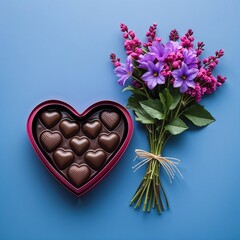 Sticker - A chocolate heartshaped box and violet bouquet blue on plain brown background