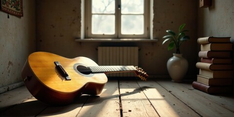 Aufkleber - Acoustic guitar resting on rustic wooden floor, bathed in sunlight streaming through a window, near a stack of books and a potted plant