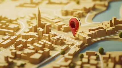 Poster - Aerial view of a detailed 3D city map layout with red GPS location pin pointer representing urban infrastructure downtown skyline business and technology innovation concept