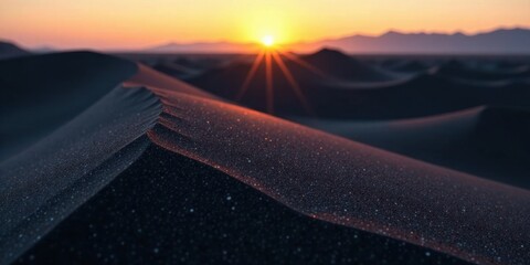 Aufkleber - Serene Sunset Over Dark Sand Dunes, Illuminated by Golden Hour Light, Creating a Textured Landscape