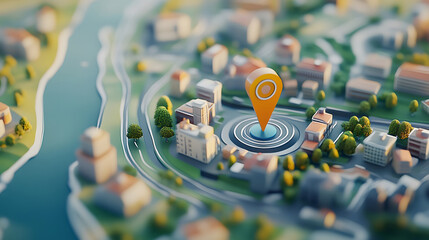 Poster - Aerial View of a Detailed 3D Miniature Model City with GPS Navigation Marker Highlighting a Specific Location in the Urban Landscape
