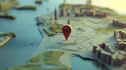 Poster - Aerial view of a detailed city map with a red location marker pinpointing a specific destination showcasing the infrastructure roads and landmarks of the urban landscape