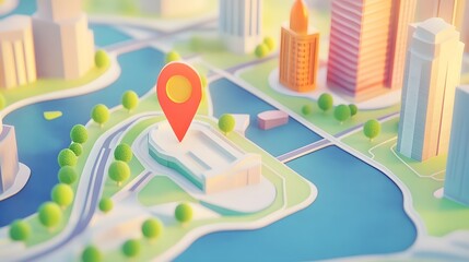 Poster - Aerial view of a detailed city map with a red navigation marker or pointer pinpointing a specific location or destination within the urban architecture and infrastructure