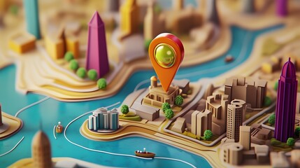 Poster - Aerial view of a detailed miniature city skyline with skyscrapers buildings and a 3D map interface for navigation planning and development concepts