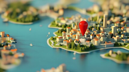 Poster - Aerial view of a detailed scale model of an urban city landscape with miniature buildings roads parks and a red navigation marker highlighting a specific location or destination