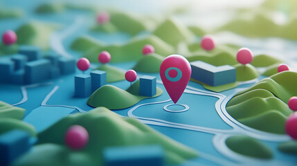 Poster - Aerial view of a digital map interface with a GPS location pointer icon over a stylized grid like landscape of a town or city environment  The image represents modern navigation technology