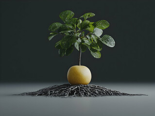 Canvas Print - Young tree growing from fruit, dark background, growth concept