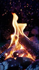 Wall Mural - campfire logs burning with ethereal purple smoke, casting mystic glow while sparking softly against 
