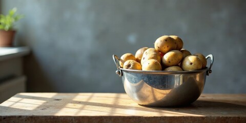 Aufkleber - Sunlit Harvest A Rustic Metal Bowl Overflowing with Freshly Dug Potatoes on a Weathered Wooden Table