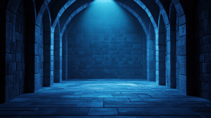 Poster - dark dungeon background with stone walls and blue lighting creates mysterious atmosphere. arches and shadows enhance eerie feeling of space