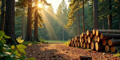 Aufkleber - Golden sunlight streams through a dense forest, illuminating a path leading to a stack of freshly cut logs.