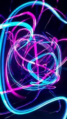 Wall Mural - pink and blue neon lights swirl and intertwine, creating dynamic abstract patterns against a black b