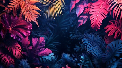 Poster - Vibrant Tropical Foliage Background, A dark moody background featuring an array of neon leaf