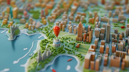 Poster - Aerial view of a miniature cityscape with a tilt shift effect depicting a bustling urban landscape of modern skyscrapers commercial buildings and transportation infrastructure