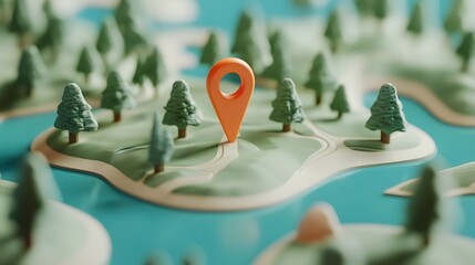 Aufkleber - Aerial view of a minimalist geometric forest landscape with a prominent red map pin or location marker representing the concept of travel through the wilderness