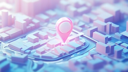 Poster - Aerial view of a modern city skyline with a colorful abstract digital map interface featuring a location marker pin showcasing the technology and connectivity of urban navigation and city planning
