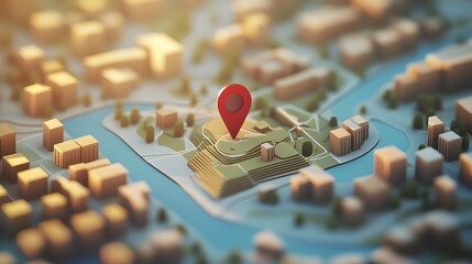 Poster - Aerial view of a modern cityscape map with a GPS navigation pointer marking a specific strategic location representing data analysis urban planning and business development
