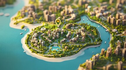 Poster - Aerial view of a modern urban cityscape with skyscrapers commercial buildings transportation infrastructure and lush greenery along a river captured in a tilt shift effect to create a miniature like