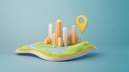 Poster - Aerial view of a modern innovative cityscape with skyscrapers and architectural landmarks featuring a navigation pin highlighting the potential for sustainable urban growth and development