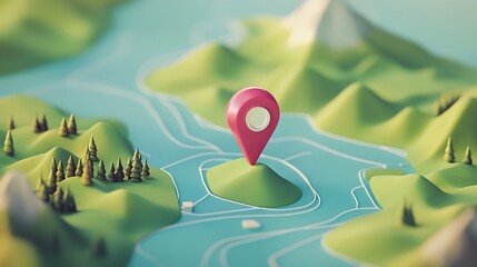 Aufkleber - Aerial view of a picturesque mountain landscape with a map pointer icon highlighting the concept of discovery in a natural scenic environment