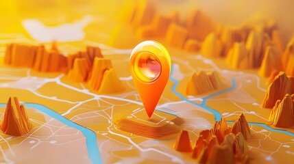 aerial view of a rugged mountain terrain with a glowing gps navigation pin or marker icon overlaid o
