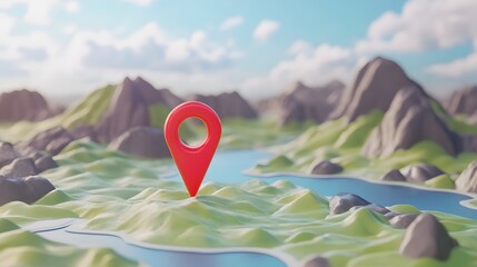Aufkleber - Aerial view of a rugged snow capped mountain landscape with a vibrant green valley and winding river below  A red navigation marker pin is prominently displayed