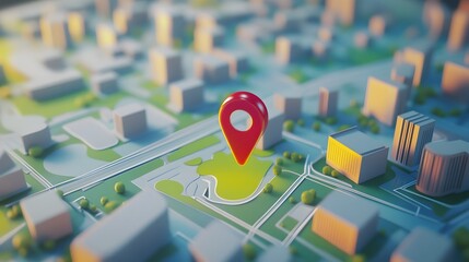 Poster - Aerial view of a scaled 3D model cityscape with a prominent red location pin marker representing a conceptual urban planning or real estate development opportunity