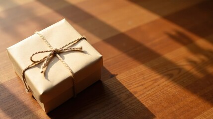 Poster - A thoughtfully wrapped gift box sits on a wooden surface bathed in sunlight, creating a warm and inviting atmosphere.
