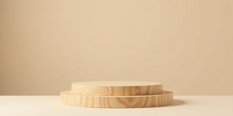 Poster - Minimalist Wooden Display Platform on Neutral Background Perfect for Product Showcasing and Presentation