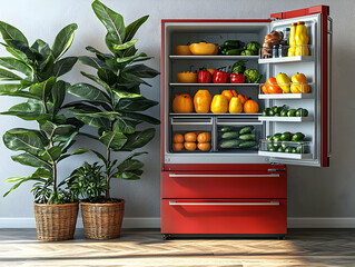 Wall Mural - Open red fridge, full of fresh produce, plants, kitchen