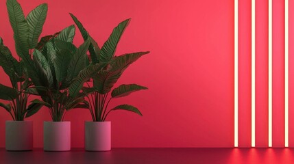 Wall Mural - Contemporary Indoor Plants Against Vibrant Pink Wall with Neon Lights