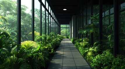 Poster - Lush Greenery Oasis in Modern Urban Indoor Corridor