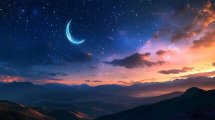 Wall Mural - Elegant islamic eid mubarak greeting card design for muslim holidays featuring a beautiful crescent moon and twinkling stars on a deep blue night sky background, perfect for eid-ul-adha and ramadan fe