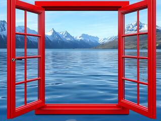 Sticker - Red window, fjord view, mountains, calm water, travel poster