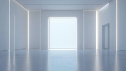 Poster - minimalist empty theater with large white screen illuminated by soft light, creating serene and clean atmosphere. space is designed for cinematic experiences