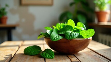 Poster - Vibrant Green Leaves in a Rustic Wooden Bowl on a Sunny Wooden Table